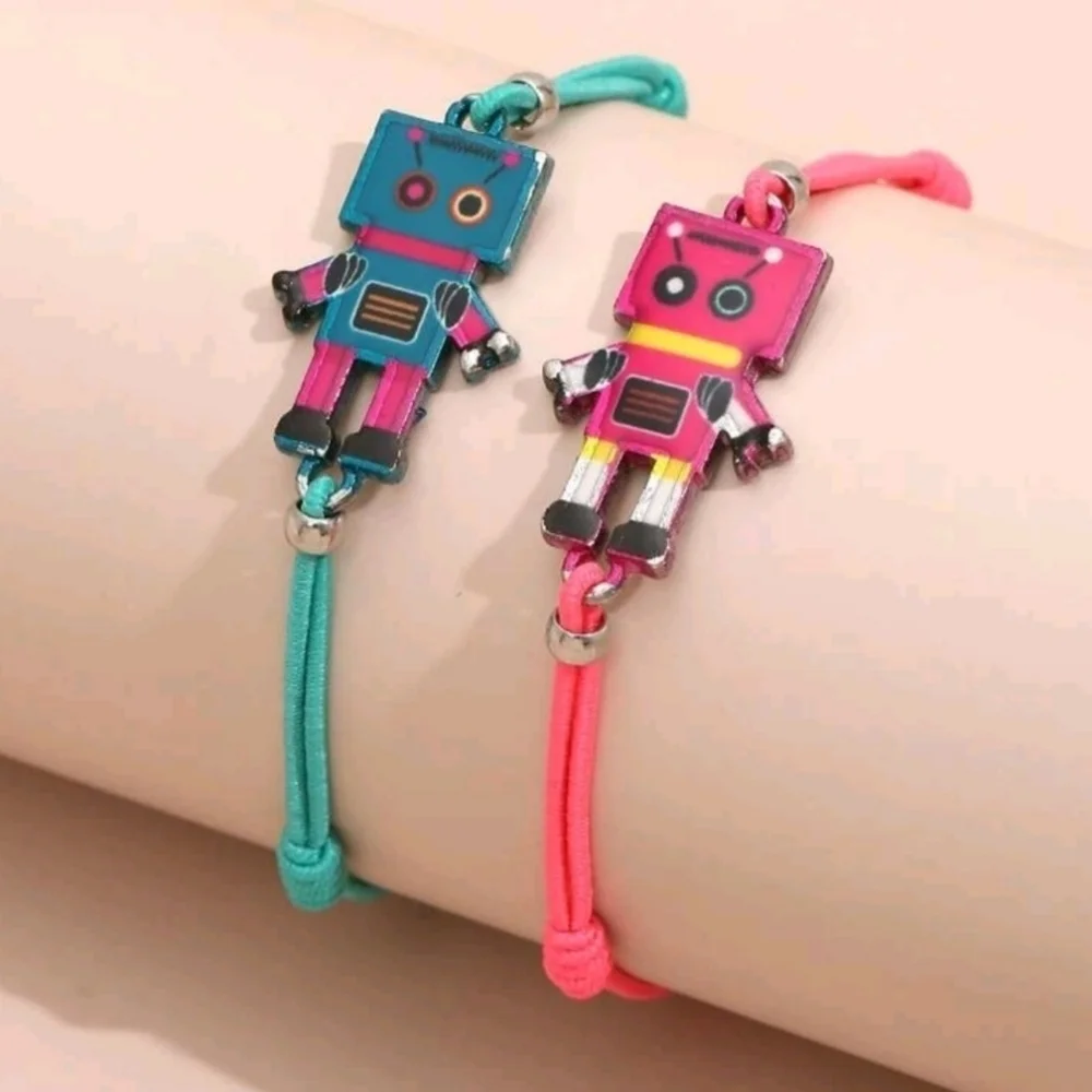 Kids Size Robot Friendship Bracelet Set - Pink, Green